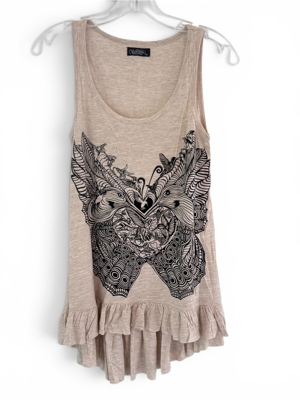 Lauren Moshi Tank Top Hummingbird Butterfly Graphic Ruffle Flounce Hem XS